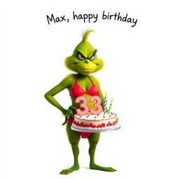 A grumpy Grinch humorously depicted in a women’s swimsuit, standing full body while holding a festive birthday cake that displays the numbers '33' along with colorful candles