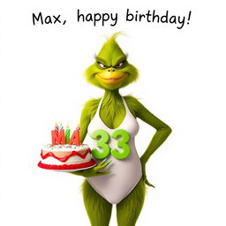 A grumpy Grinch humorously depicted in a women’s swimsuit, standing full body while holding a festive birthday cake that displays the numbers '33' along with colorful candles