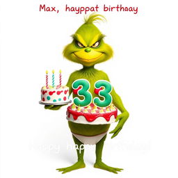 A grumpy Grinch humorously depicted in a women’s swimsuit, standing full body while holding a festive birthday cake that displays the numbers '33' along with colorful candles