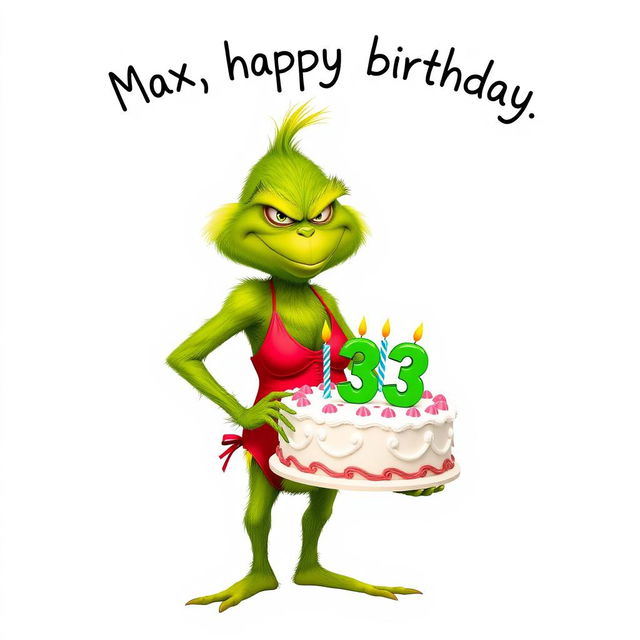 A grumpy Grinch humorously depicted in a women’s swimsuit, standing full body while holding a festive birthday cake that displays the numbers '33' along with colorful candles