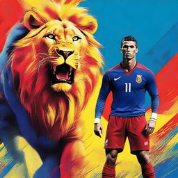 A high-quality digital art image featuring Cristiano Ronaldo in a bright red jersey, standing next to a roaring lion