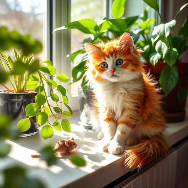 A playful and adorable cat sitting on a sunny windowsill, surrounded by vibrant green houseplants, with sunlight streaming through the glass, casting soft shadows