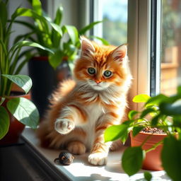 A playful and adorable cat sitting on a sunny windowsill, surrounded by vibrant green houseplants, with sunlight streaming through the glass, casting soft shadows