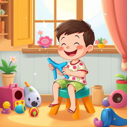 A cartoon-style image of a whimsical scene where a cheerful child is sitting on a colorful stool, using bright blue nail clippers to cut their nails