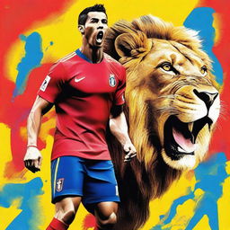 A high-quality digital art image featuring Cristiano Ronaldo in a bright red jersey, standing next to a roaring lion