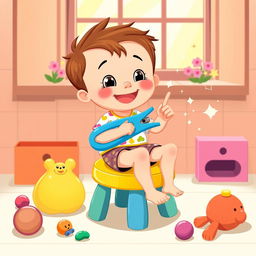 A cartoon-style image of a whimsical scene where a cheerful child is sitting on a colorful stool, using bright blue nail clippers to cut their nails
