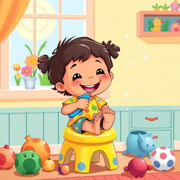 A cartoon-style image of a whimsical scene where a cheerful child is sitting on a colorful stool, using bright blue nail clippers to cut their nails