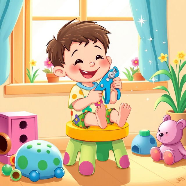 A cartoon-style image of a whimsical scene where a cheerful child is sitting on a colorful stool, using bright blue nail clippers to cut their nails