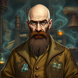 A character inspired by Walter White from Breaking Bad, depicted as an Earth Genasi alchemist with a robust beard and distinctive earth-toned skin that showcases a rocky texture reflecting his elemental heritage