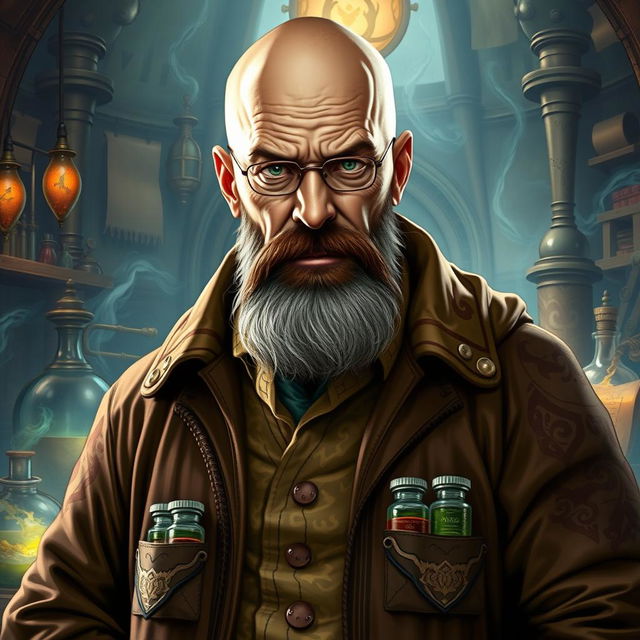 A character inspired by Walter White from Breaking Bad, depicted as an Earth Genasi alchemist with a robust beard and distinctive earth-toned skin that showcases a rocky texture reflecting his elemental heritage