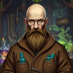A character inspired by Walter White from Breaking Bad, depicted as an Earth Genasi alchemist with a robust beard and distinctive earth-toned skin that showcases a rocky texture reflecting his elemental heritage