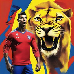 A high-quality digital art image featuring Cristiano Ronaldo in a bright red jersey, standing next to a roaring lion