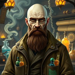 A character inspired by Walter White from Breaking Bad, depicted as an Earth Genasi alchemist with a robust beard and distinctive earth-toned skin that showcases a rocky texture reflecting his elemental heritage