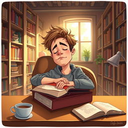 A whimsical caricature of a young man peacefully sleeping in a library, his head resting on an open book on a table