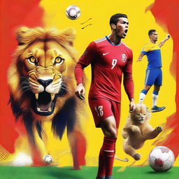 A high-quality digital art image featuring Cristiano Ronaldo in a bright red jersey, standing next to a roaring lion