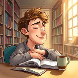 A whimsical caricature of a young man peacefully sleeping in a library, his head resting on an open book on a table