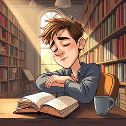 A whimsical caricature of a young man peacefully sleeping in a library, his head resting on an open book on a table