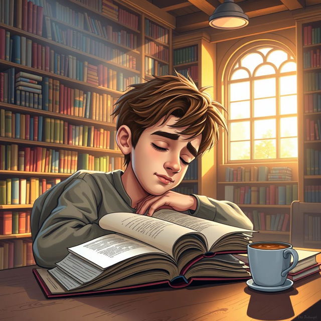 A whimsical caricature of a young man peacefully sleeping in a library, his head resting on an open book on a table