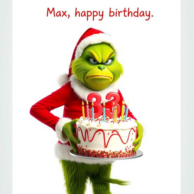 A full body depiction of a grumpy Grinch donned in a classic red and white Santa Claus costume, humorously holding a festive birthday cake that displays the numbers '33' topped with colorful candles