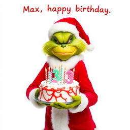 A full body depiction of a grumpy Grinch donned in a classic red and white Santa Claus costume, humorously holding a festive birthday cake that displays the numbers '33' topped with colorful candles