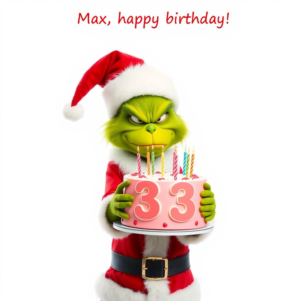 A full body depiction of a grumpy Grinch donned in a classic red and white Santa Claus costume, humorously holding a festive birthday cake that displays the numbers '33' topped with colorful candles