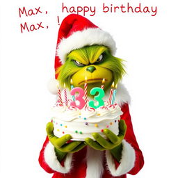 A full body depiction of a grumpy Grinch donned in a classic red and white Santa Claus costume, humorously holding a festive birthday cake that displays the numbers '33' topped with colorful candles