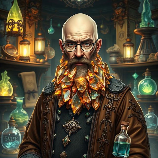 A character inspired by Walter White from Breaking Bad, depicted as an Earth Genasi alchemist with a spectacular crystal beard that sparkles like precious gemstones