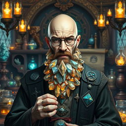 A character inspired by Walter White from Breaking Bad, depicted as an Earth Genasi alchemist with a spectacular crystal beard that sparkles like precious gemstones