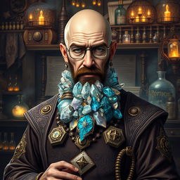 A character inspired by Walter White from Breaking Bad, depicted as an Earth Genasi alchemist with a spectacular crystal beard that sparkles like precious gemstones