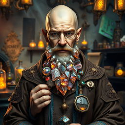 A character inspired by Walter White from Breaking Bad, depicted as an Earth Genasi alchemist with a spectacular crystal beard that sparkles like precious gemstones