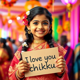 A cute and beautiful Indian girl named Minakshi, dressed in a gorgeous traditional outfit, celebrating an Indian festival