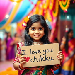 A cute and beautiful Indian girl named Minakshi, dressed in a gorgeous traditional outfit, celebrating an Indian festival
