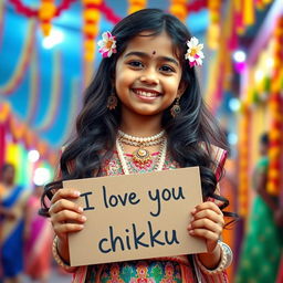 A cute and beautiful Indian girl named Minakshi, dressed in a gorgeous traditional outfit, celebrating an Indian festival