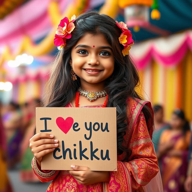 A cute and beautiful Indian girl named Minakshi, dressed in a gorgeous traditional outfit, celebrating an Indian festival