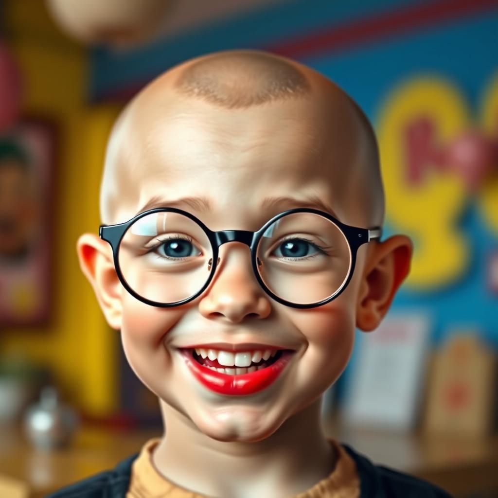 A cute 20-year-old bald boy with bright red lips, wearing round glasses, and having a round head shaped like a ball