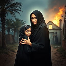 A scene depicting a young girl wearing a hijab embracing a radiant young lady, representing Lady Fatima, with her face illuminated by a soft light