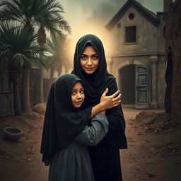 A scene depicting a young girl wearing a hijab embracing a radiant young lady, representing Lady Fatima, with her face illuminated by a soft light