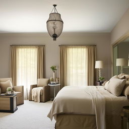 A well-appointed master bedroom complete with a large bed, end tables, a dressing table, a set of lounge chairs, floor-length curtains, a chandelier, and soothing color palette.