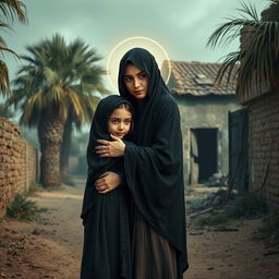 A scene depicting a young girl wearing a hijab embracing a radiant young lady, representing Lady Fatima, with her face illuminated by a soft light