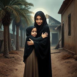 A scene depicting a young girl wearing a hijab embracing a radiant young lady, representing Lady Fatima, with her face illuminated by a soft light