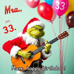 A grumpy Grinch humorously portrayed in a classic Santa Claus costume, energetically playing an acoustic guitar