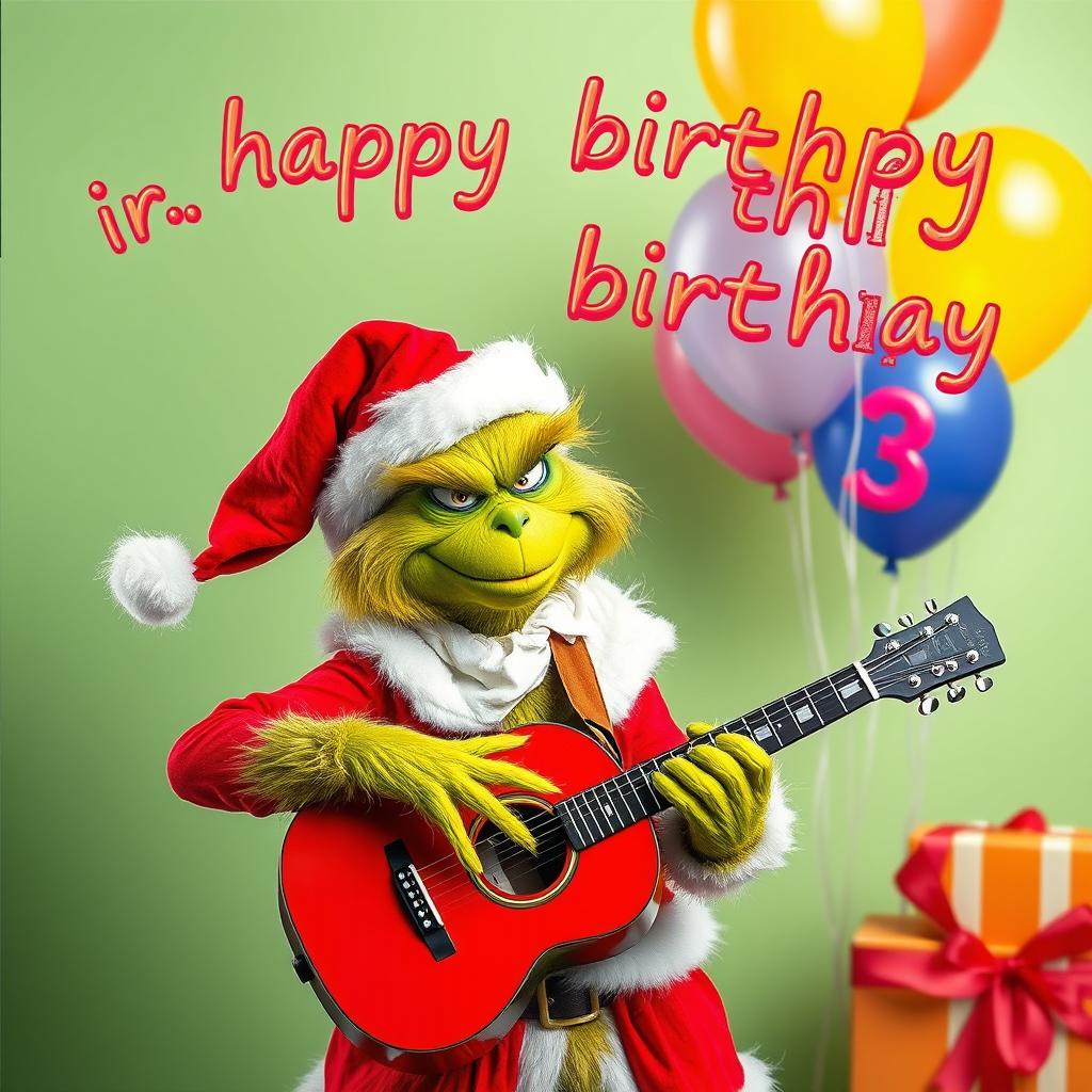 A grumpy Grinch humorously portrayed in a classic Santa Claus costume, energetically playing an acoustic guitar