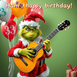 A grumpy Grinch humorously portrayed in a classic Santa Claus costume, energetically playing an acoustic guitar