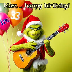 A grumpy Grinch humorously portrayed in a classic Santa Claus costume, energetically playing an acoustic guitar