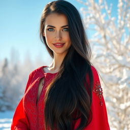 A stunning Russian woman with long flowing black hair, dressed in an elegant red dress, standing confidently in a beautiful winter landscape filled with snow-covered trees and a clear blue sky