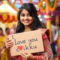 A cute and beautiful Indian girl named Minakshi, aged 25, dressed in a stunning and gorgeous traditional outfit for an Indian festival