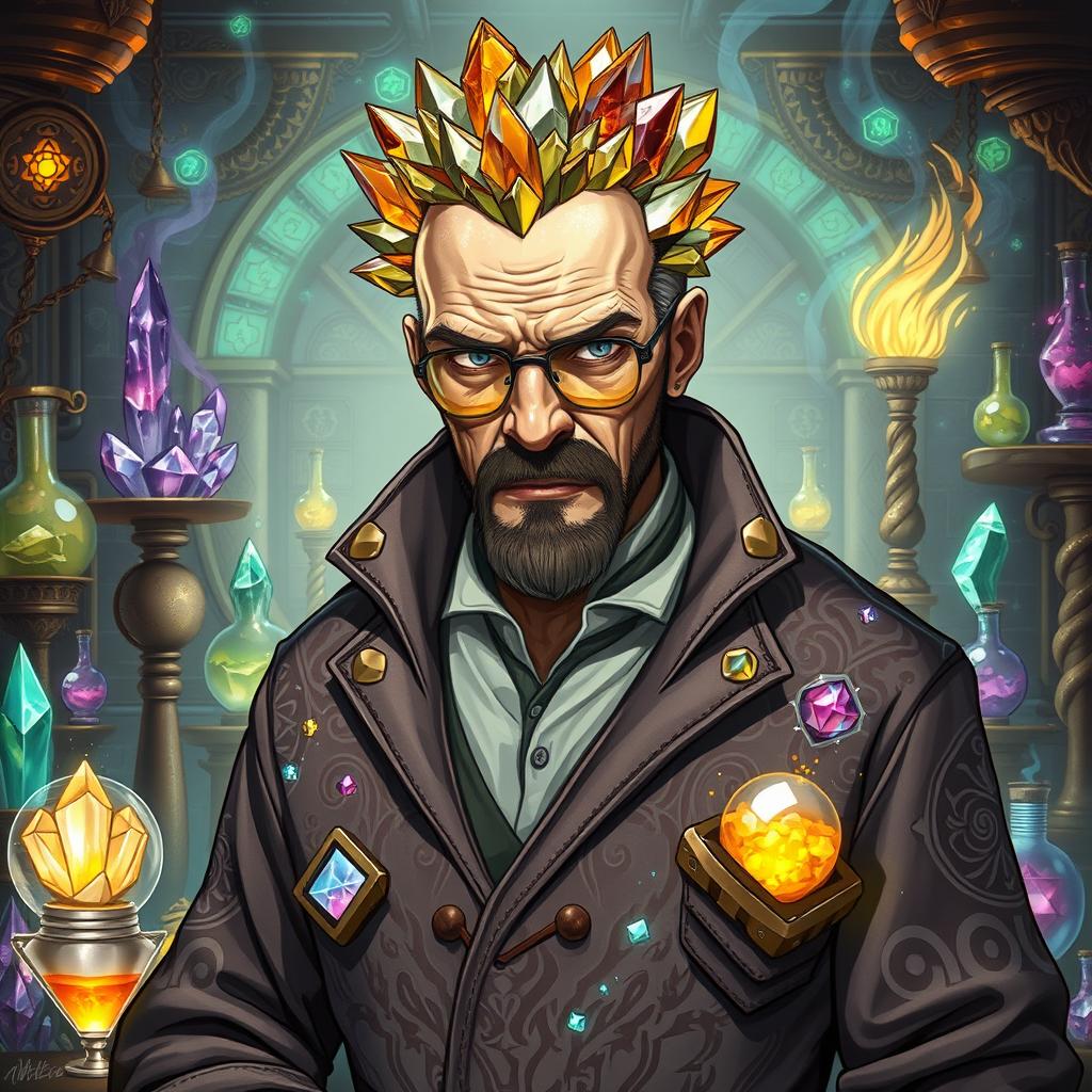 A character inspired by Walter White from Breaking Bad, envisioned as an Earth Crystal Elemental alchemist