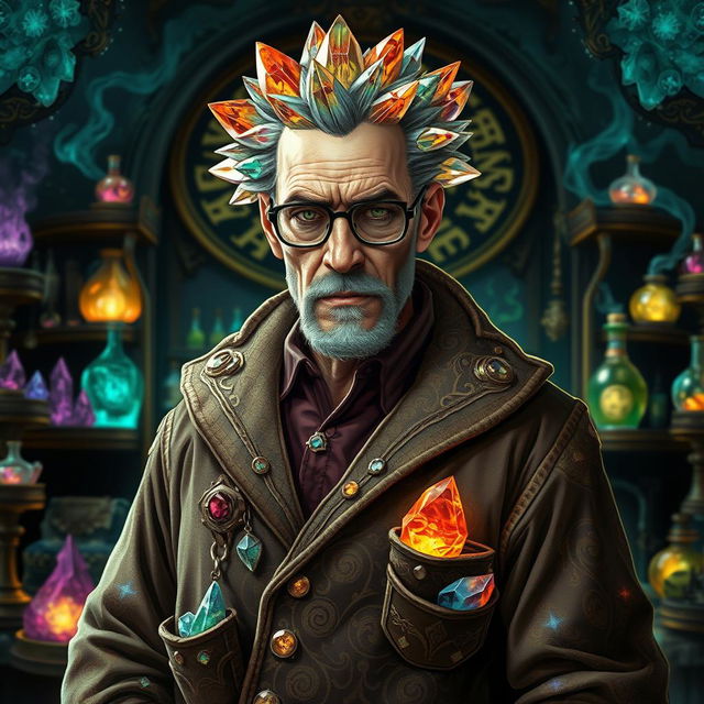 A character inspired by Walter White from Breaking Bad, envisioned as an Earth Crystal Elemental alchemist