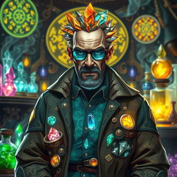 A character inspired by Walter White from Breaking Bad, envisioned as an Earth Crystal Elemental alchemist