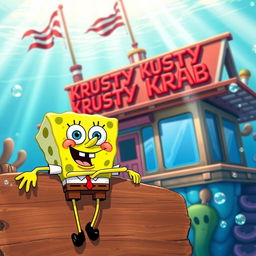 A vibrant and colorful scene of the Krusty Krab restaurant from the animated series